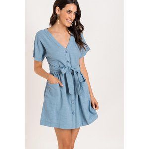 Lush Button Tie Mini Dress, Blue
